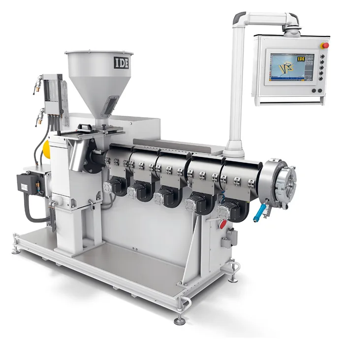 Einschneckenextruder von IDE mit Trichter und Steuerung